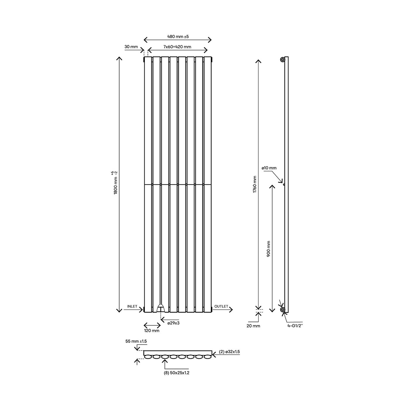 Blyss Designer Radiator Wickham White Vertical 3339BTU (W)480 x (H)1800mm - Image 2