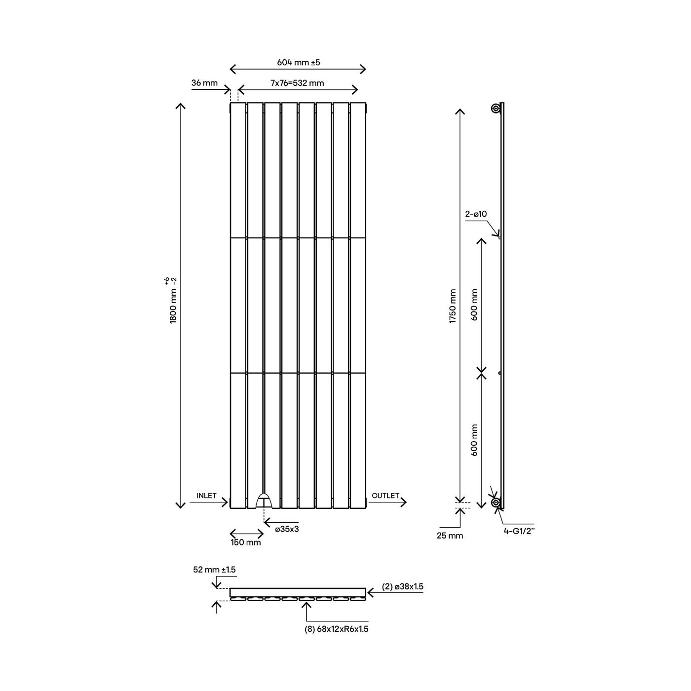 Blyss Designer Radiator Faringdon Anthracite Vertical 3468BTU (W)604 x (H)1800mm - Image 2