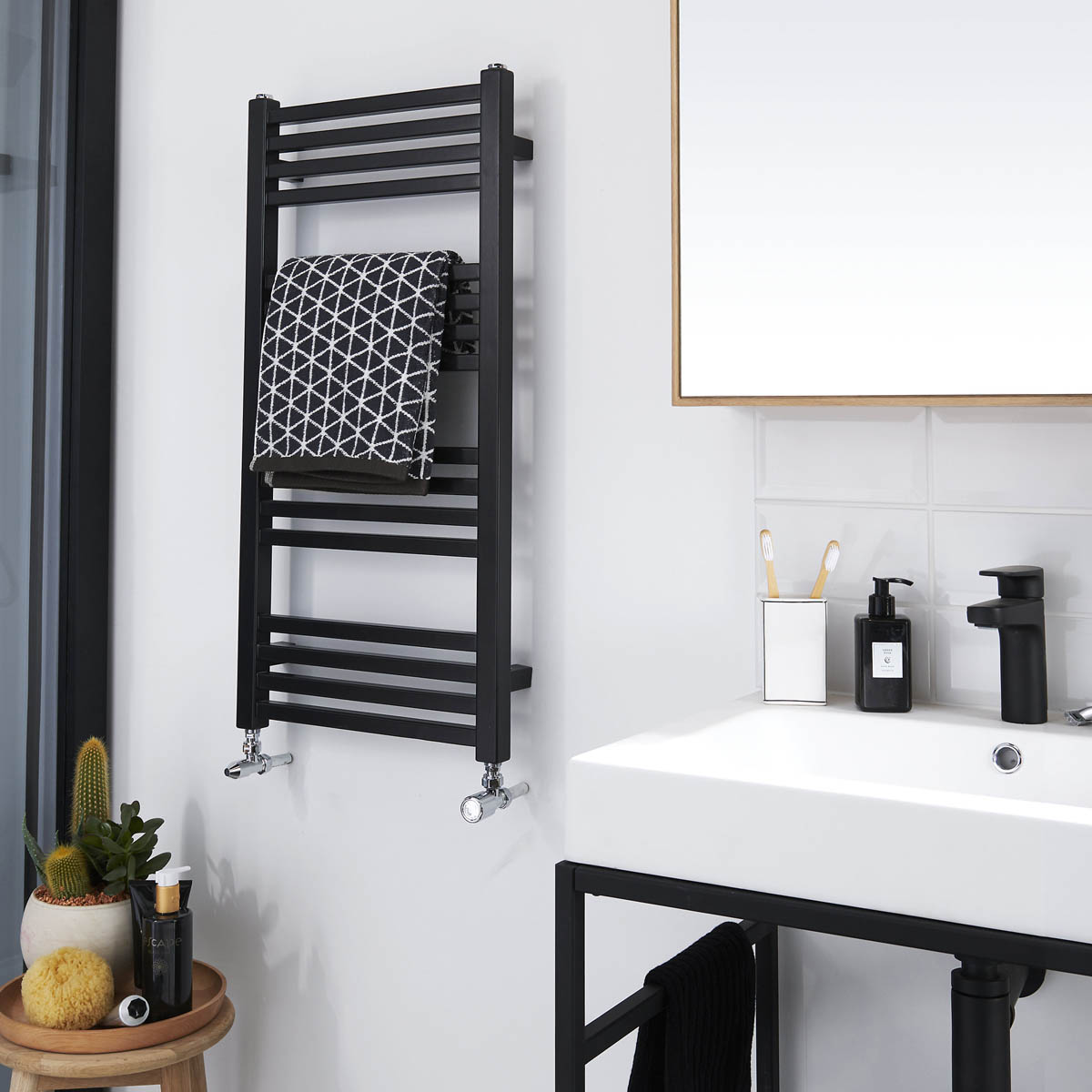 Towel Rail Radiator Black Vertical Warmer 1109BTU Compact (W)400mm x (H)828mm - Image 1