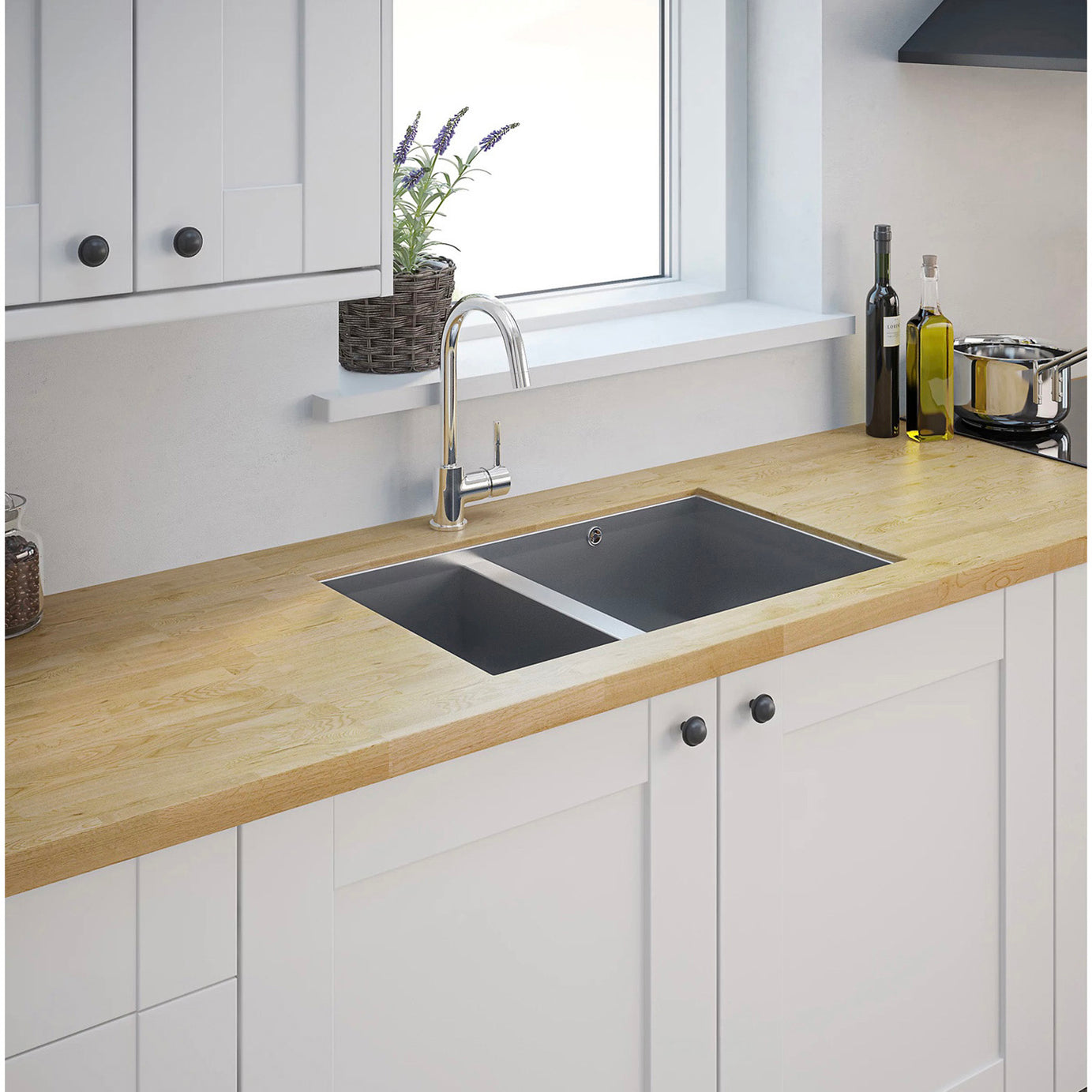 Kitchen Sink 1.5 Bowl Stainless Steel Rectangular Basin Modern W450xL692mm - Image 2
