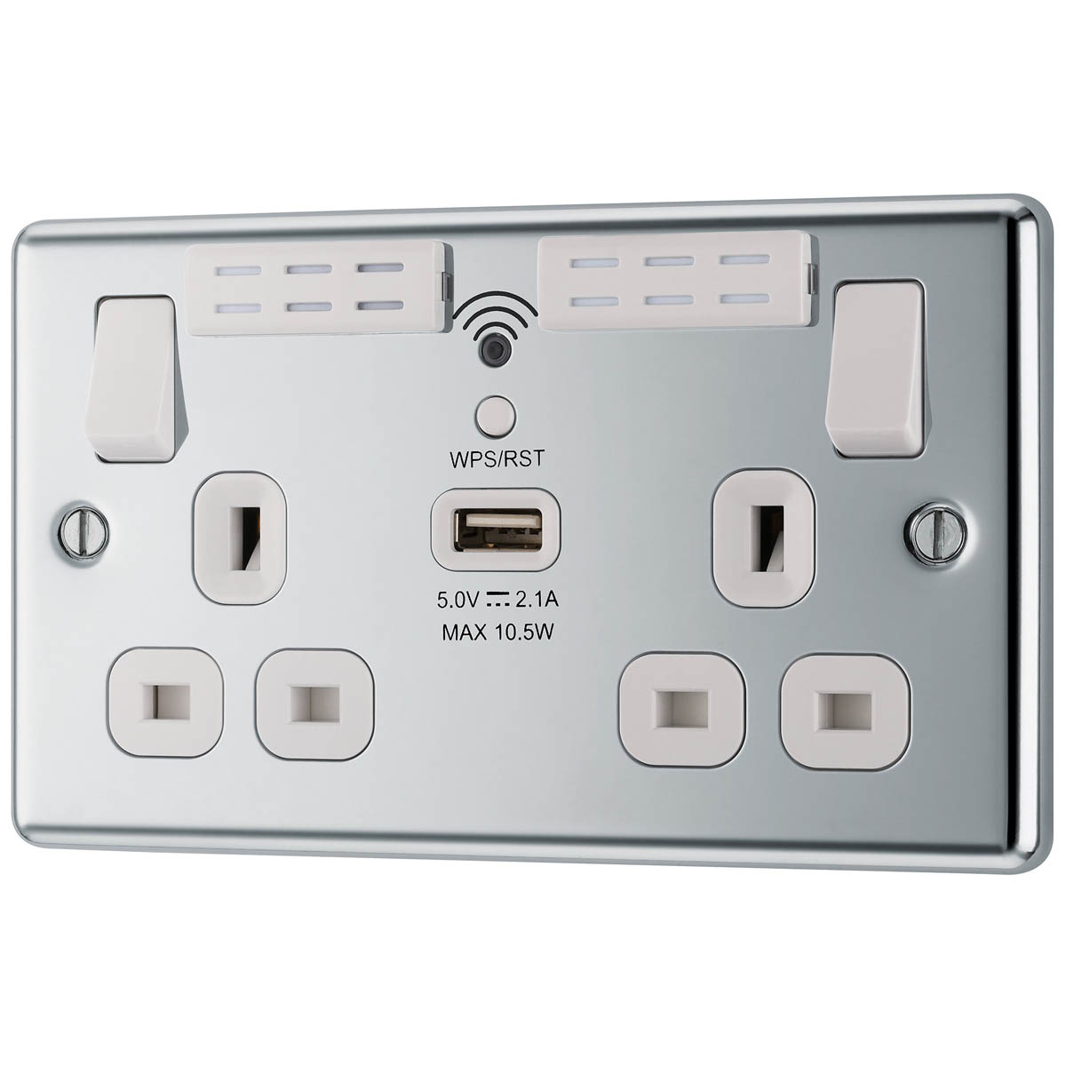 Switched Socket Double 13A WiFi Extender Type A USB Metal Chrome Raised Rounded - Image 1