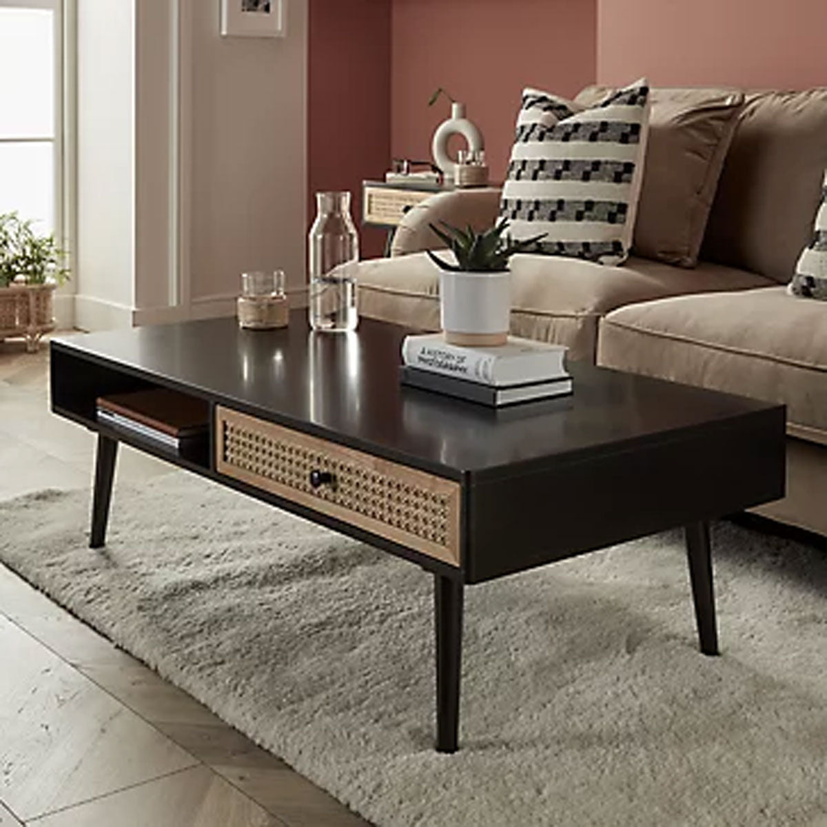 Coffee Table Matt Black Rectangular Wooden With Window Shelf And Drawer Modern - Image 1