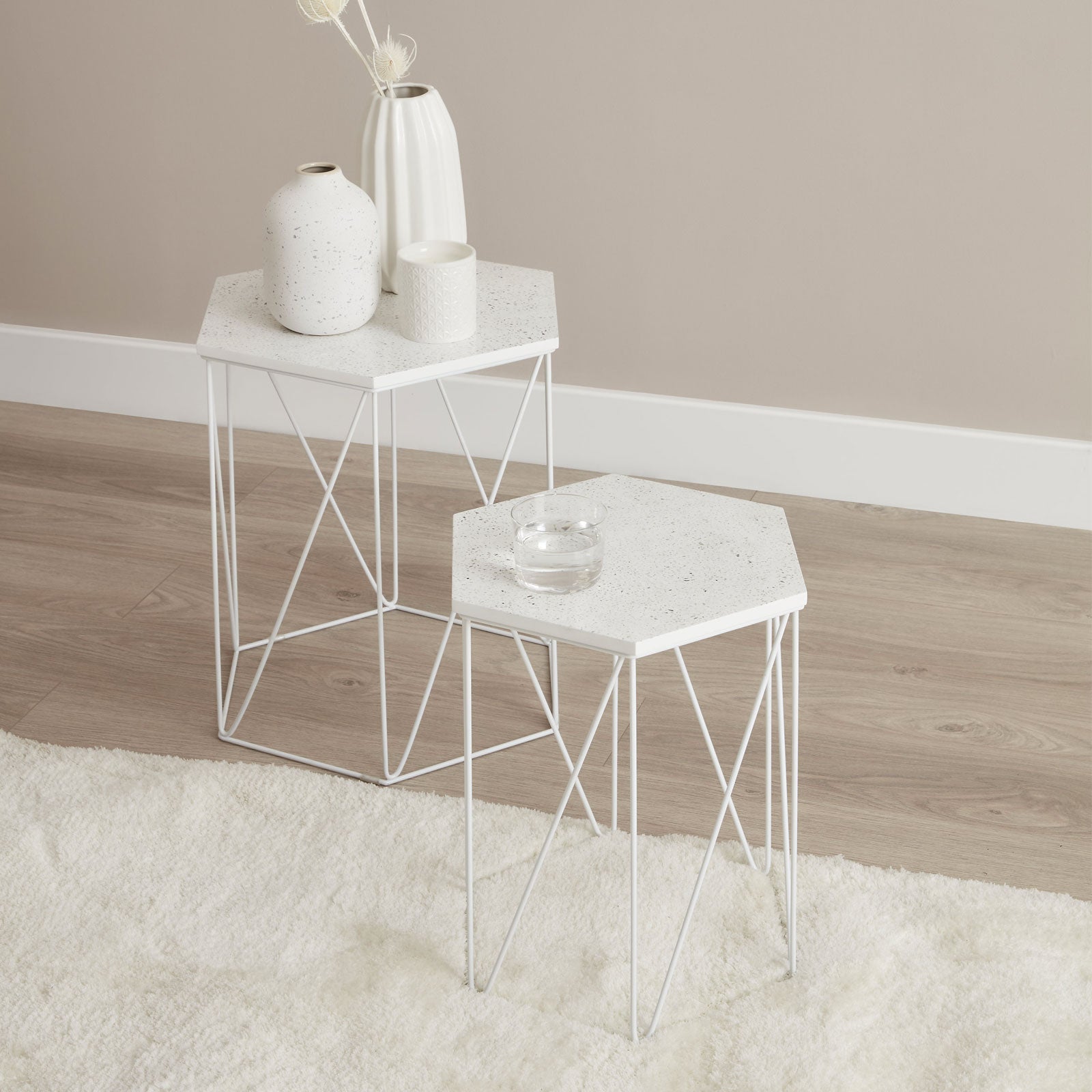 Side Table White Marble Effect Living Room Bedside Sofa Modern Set Of 2 - Image 7