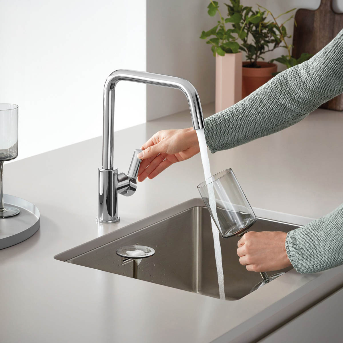 Grohe Kitchen Sink 1 Bowl Stainless Steel Square Basket Strainer Waste Modern - Image 2