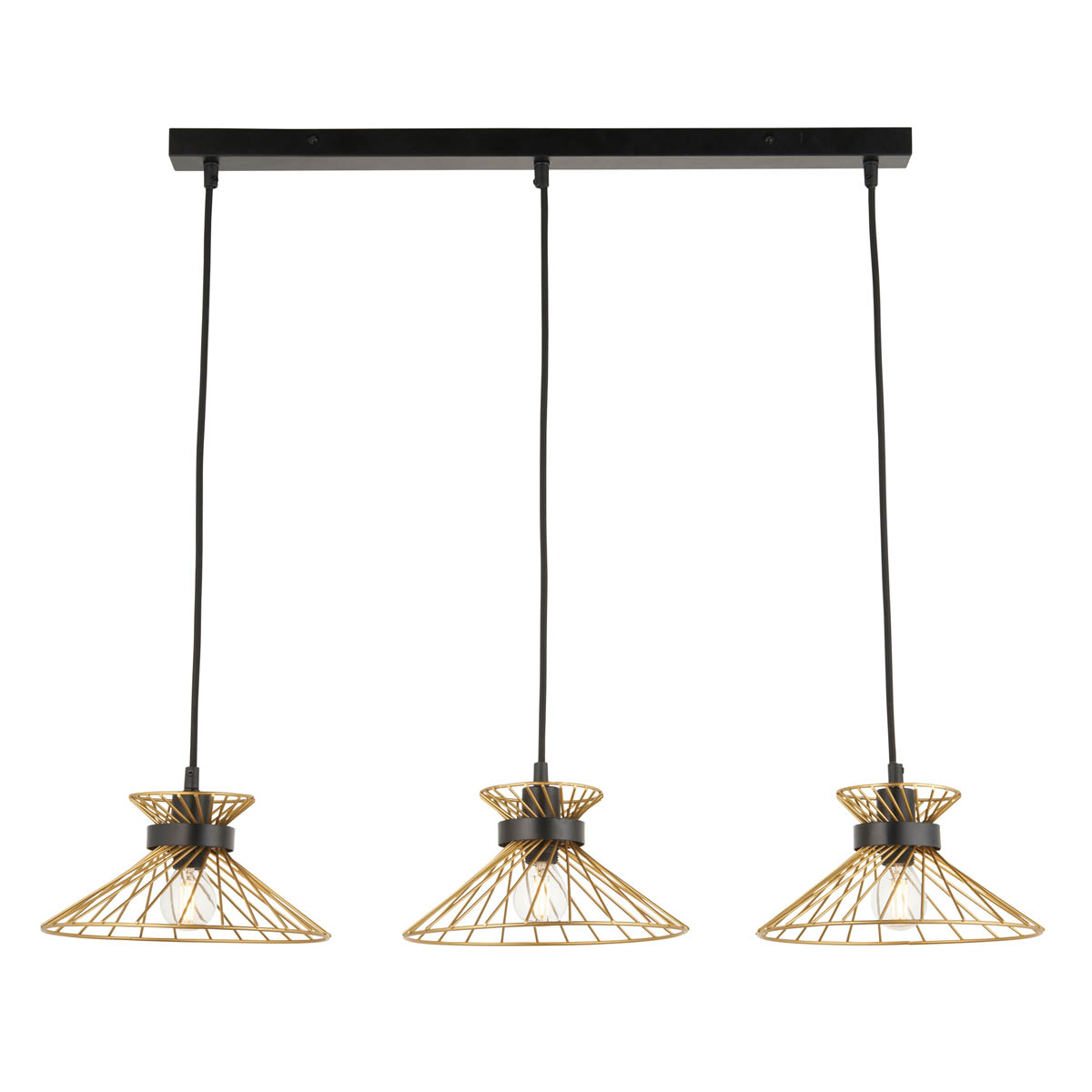 LED Pendant Ceiling Light 3 Way Black Gold Effect Wire Frame Shades (Dia)770mm - Image 1