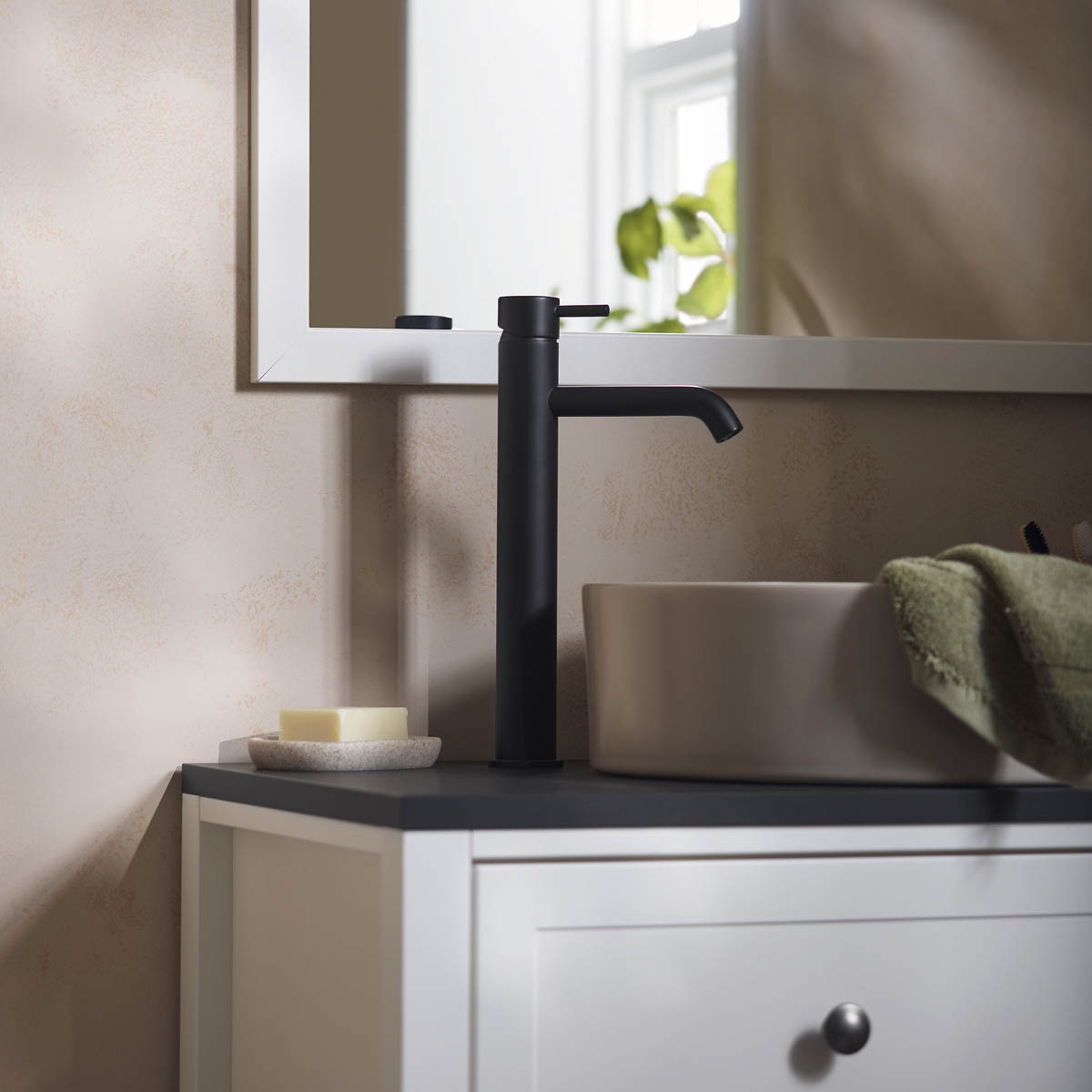 Aquadry Bathroom Sink Tap Tall Matt Black Brass Round Single Lever Contemporary - Image 2