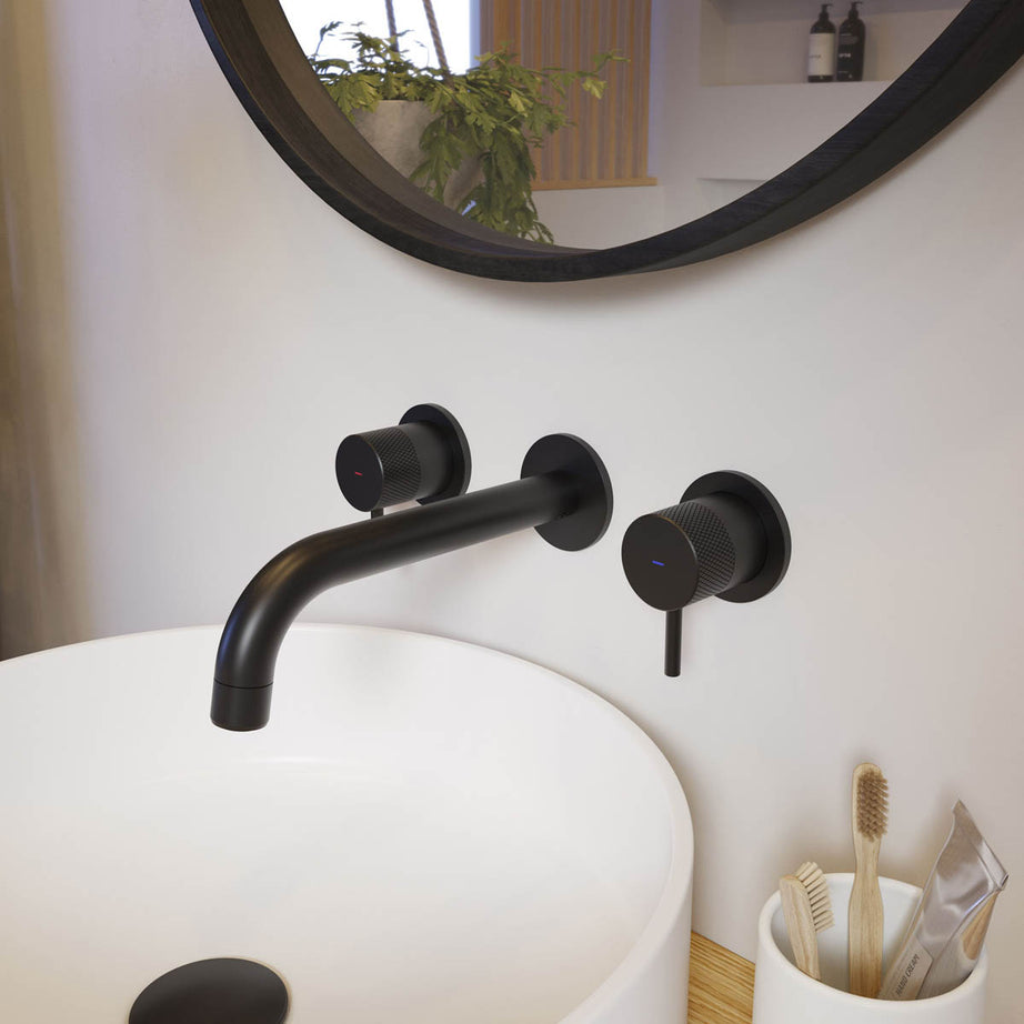 Bathroom Basin Tap Mono Mixer Black Wall Mounted Double Lever Modern Faucet - Image 2