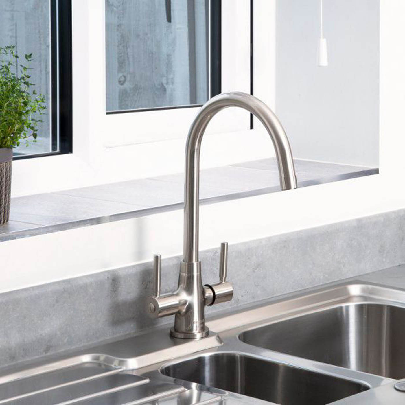 Kitchen Mixer Tap Dual Lever Swivel Spout Brushed Nickel Finish Durable - Image 1
