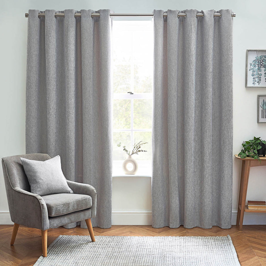 Eyelet Curtains Blackout Thermal Grey Pair Woven Effect Heavy Weight W167 L183cm - Image 2