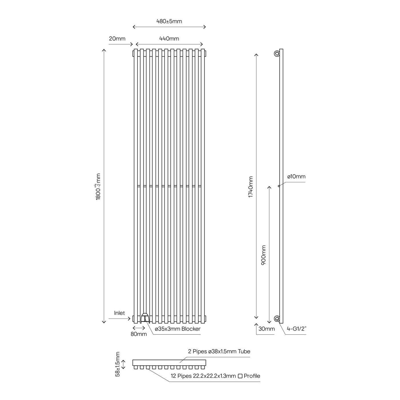 Bathroom Designer Radiator White Vertical 3690BTU Modern (W)480mm x (H)1800mm - Image 2
