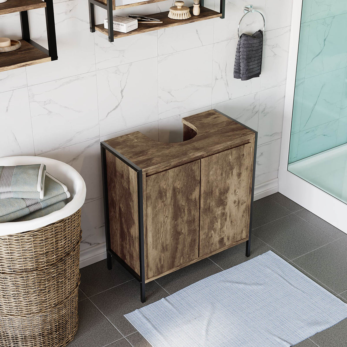 Bathroom Sink Cabinet Matt Brown Chipboard Freestanding Double Storage Furniture - Image 9