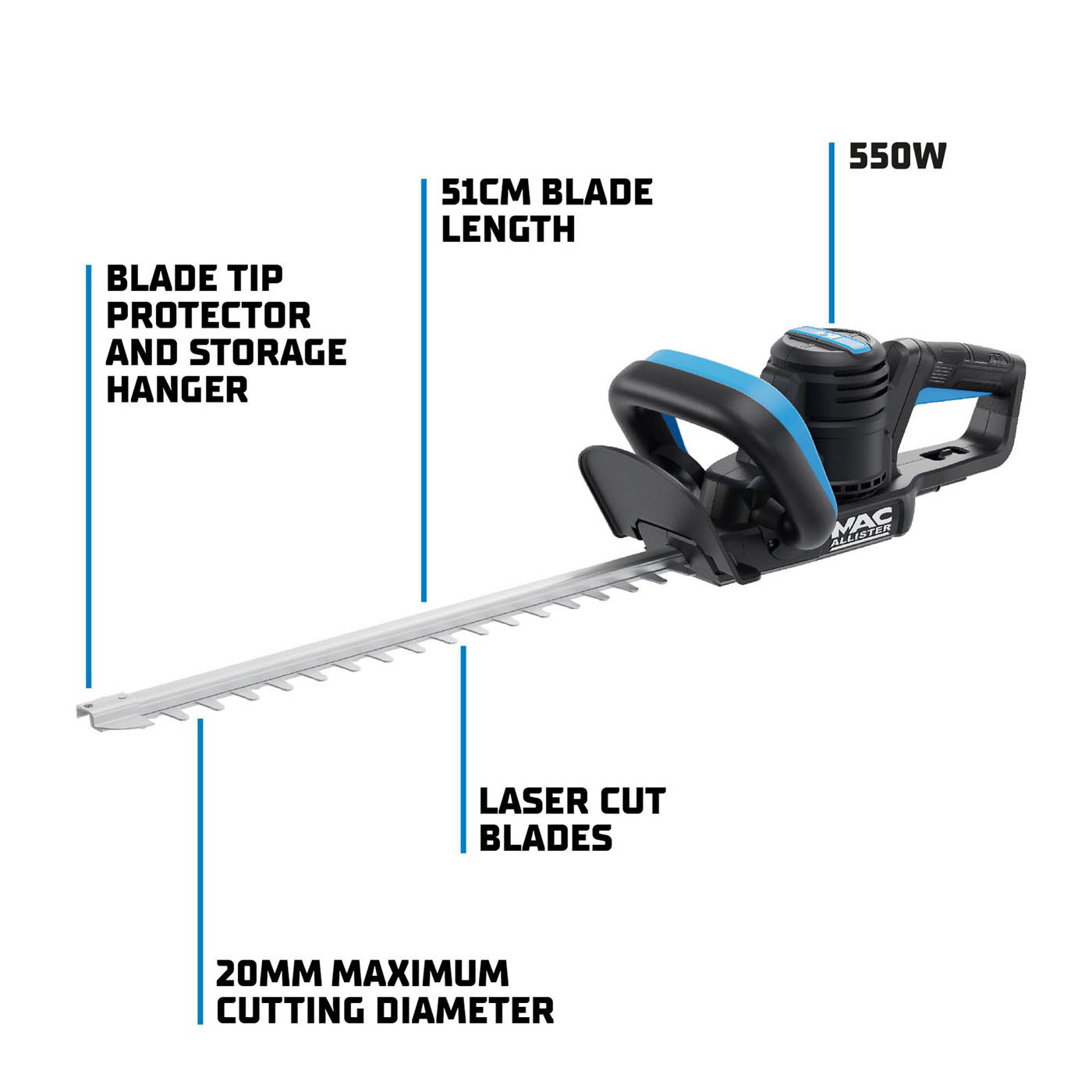Mac Allister Hedge Trimmer MCB1177GHT Corded Dual Action Blade 510mm 550W - Image 2