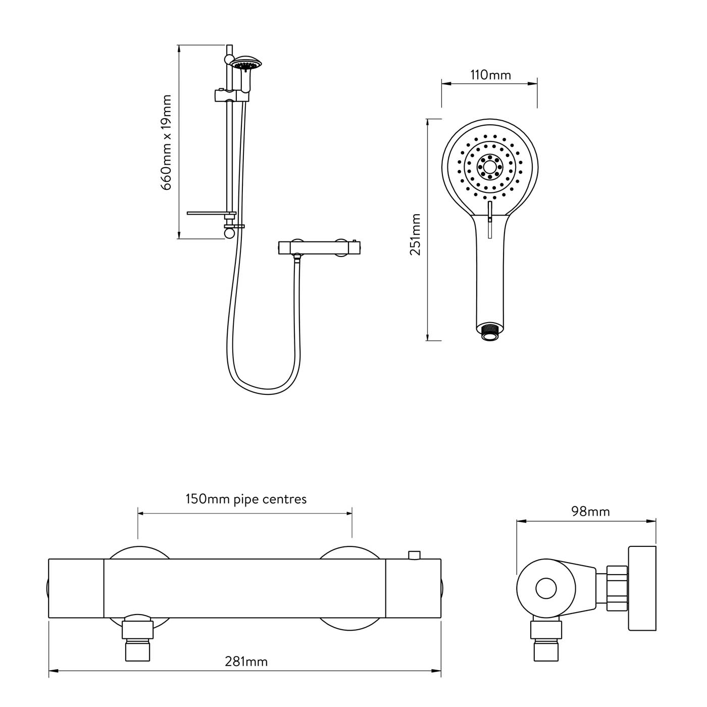 Black Shower Mixer System Sierra Matt Rear Fed Thermostatic 1.5m Hose - Image 3