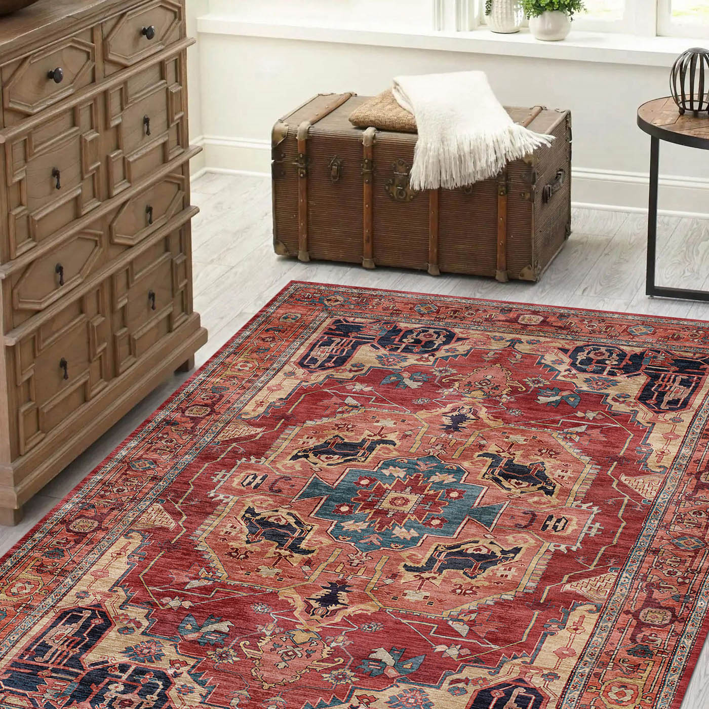 Medium Rug Chenille Red Cotton Traditional Living Room (L)170cm x (W)120cm - Image 2