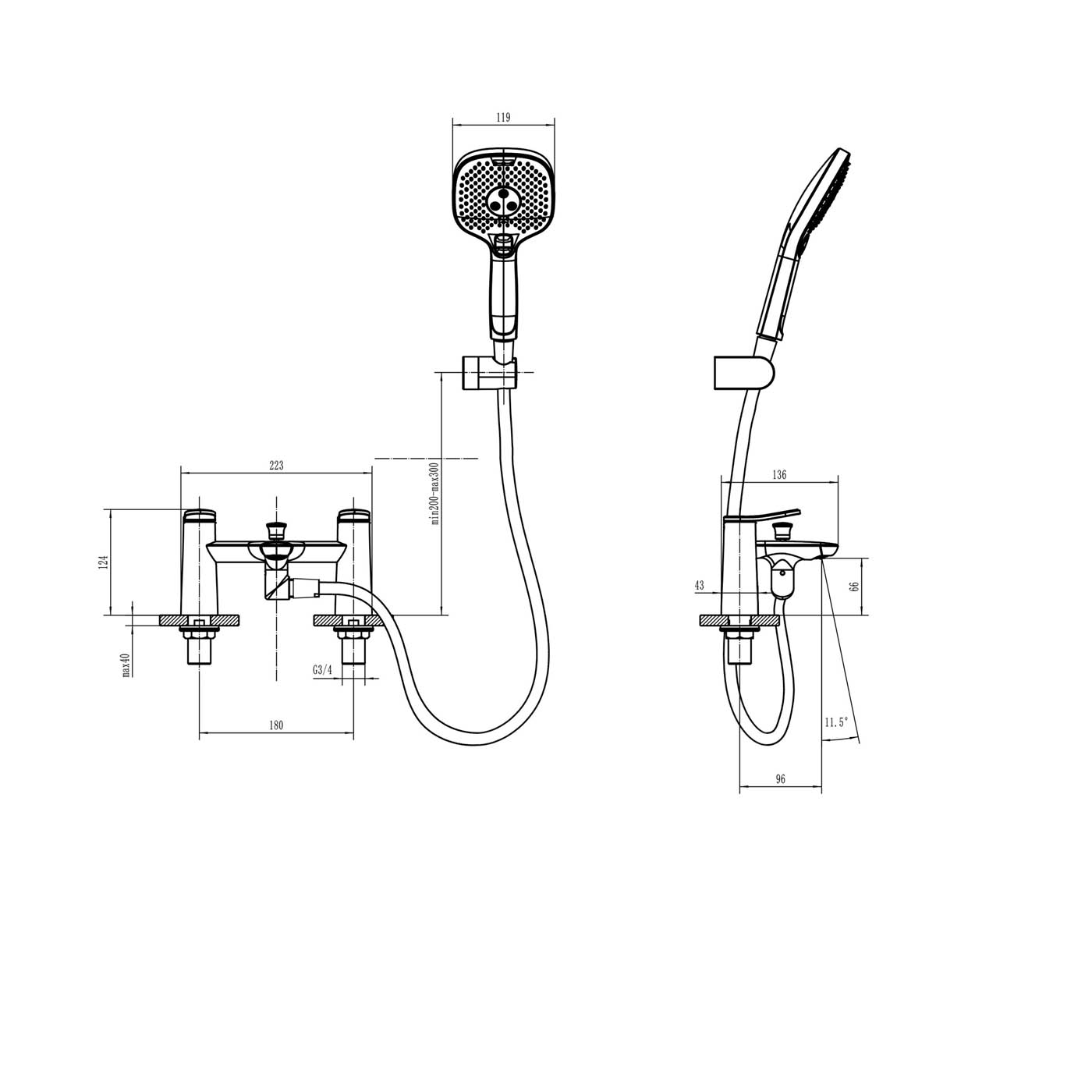 Bath Mixer Tap Shower Kit 3 Spray Pattern Gloss Chrome Effect Deck Mounted - Image 3