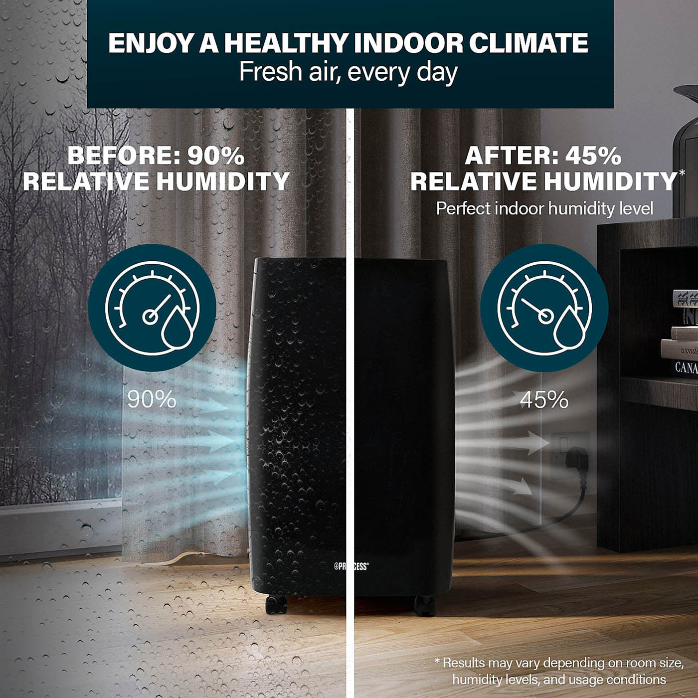 Princess Smart Dehumidifier Matt Black Removes Damp Mould Laundry Drying 12L/Day - Image 5
