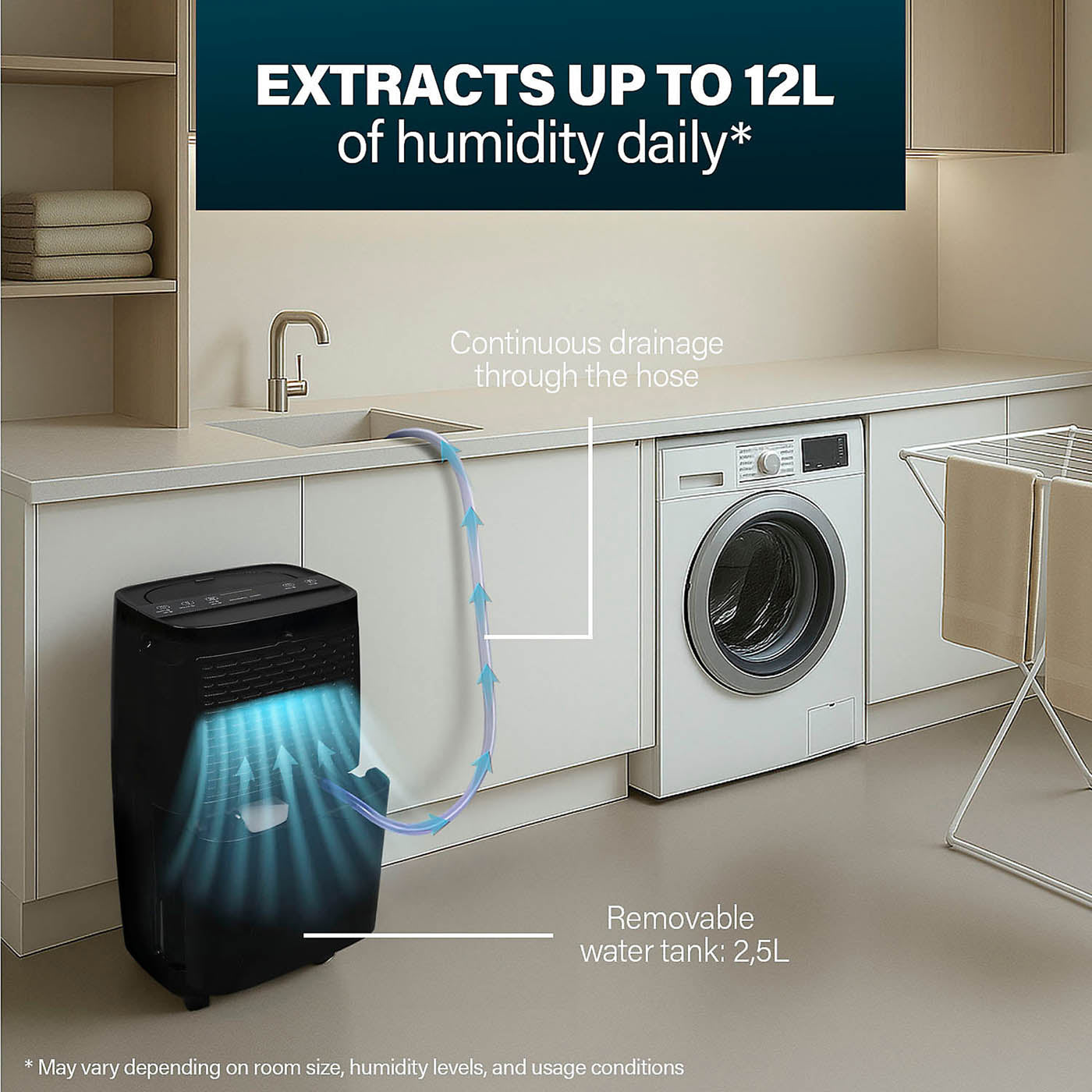 Princess Smart Dehumidifier Matt Black Removes Damp Mould Laundry Drying 12L/Day - Image 6
