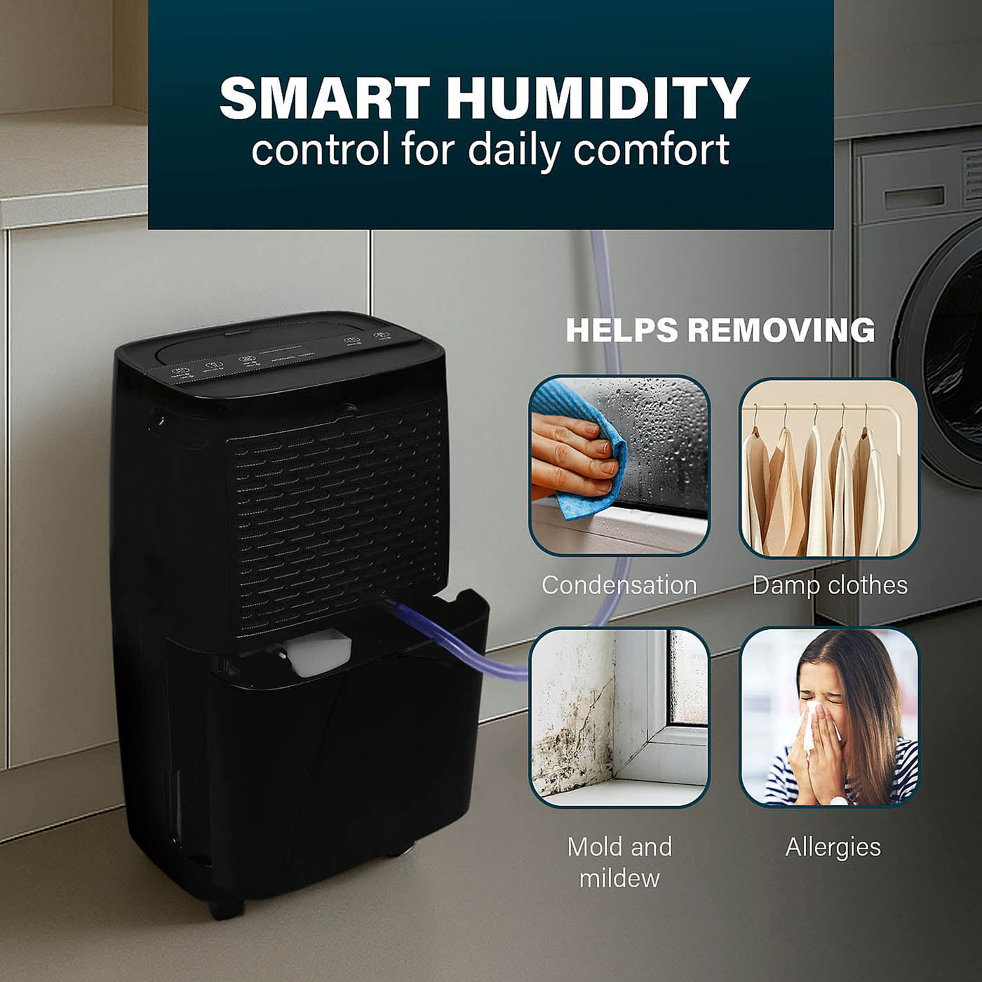 Princess Smart Dehumidifier Matt Black Removes Damp Mould Laundry Drying 12L/Day - Image 9