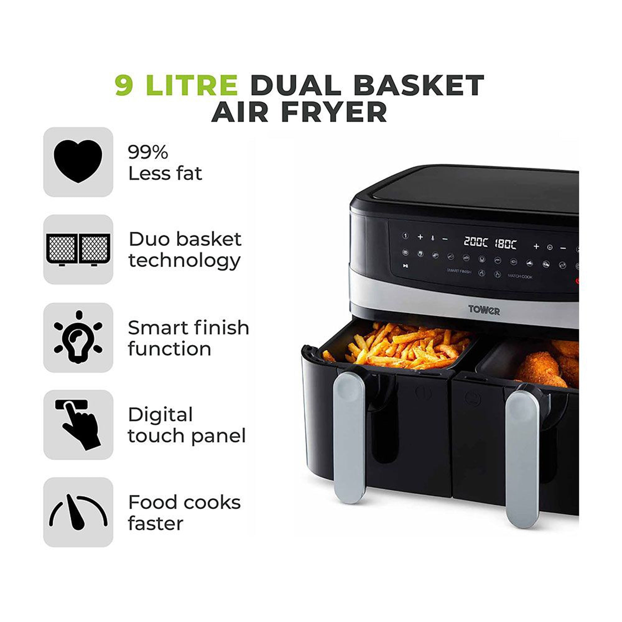 Tower Air Fryer 9L T17088 Dual Basket Touch Control Digital Smart Finish - Image 2