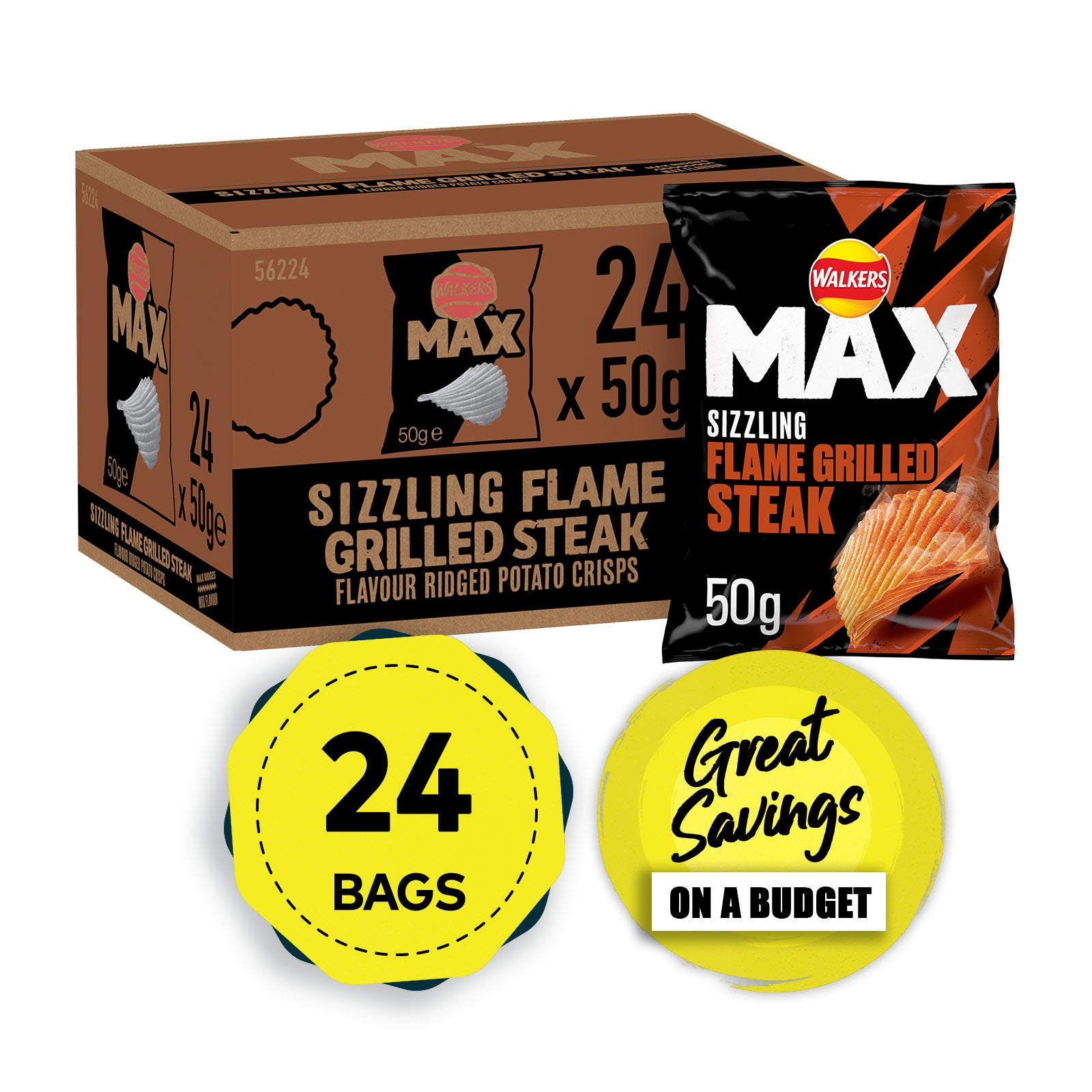 Walkers Max Crisps Sizzling Flame Grilled Steak Flavour 24 x 50g - Image 1