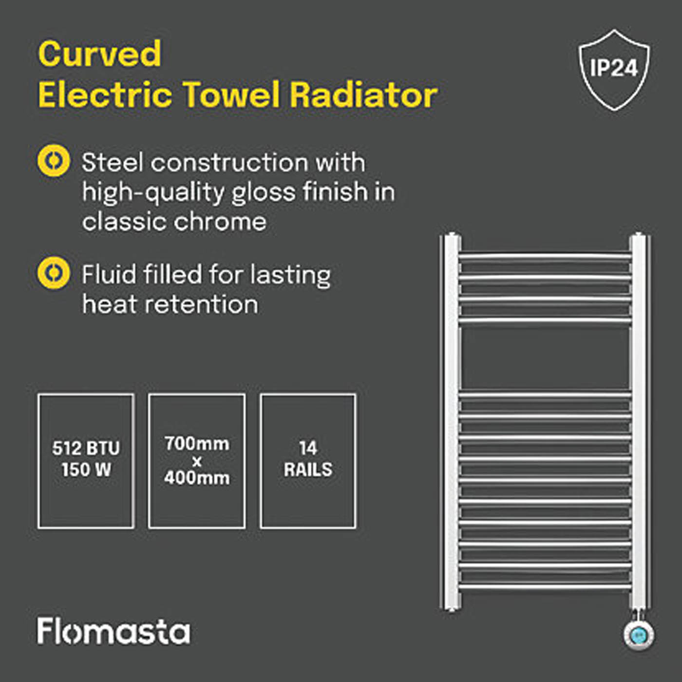 Flomasta Electric Towel Rail Radiator Chrome Curved Bathroom Warmer 70x40cm - Image 4