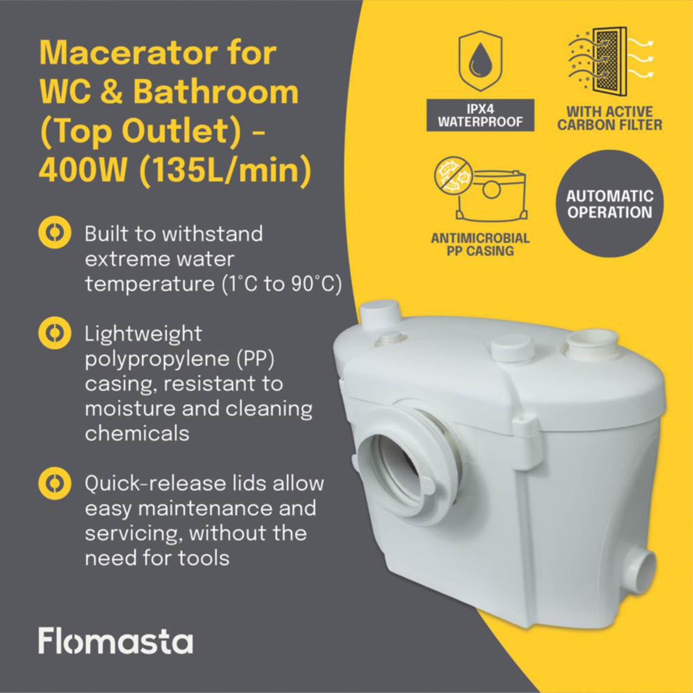 Flomasta Macerator Pump WC Bathroom Shower Basin Top Outlet Quiet 400W - Image 2