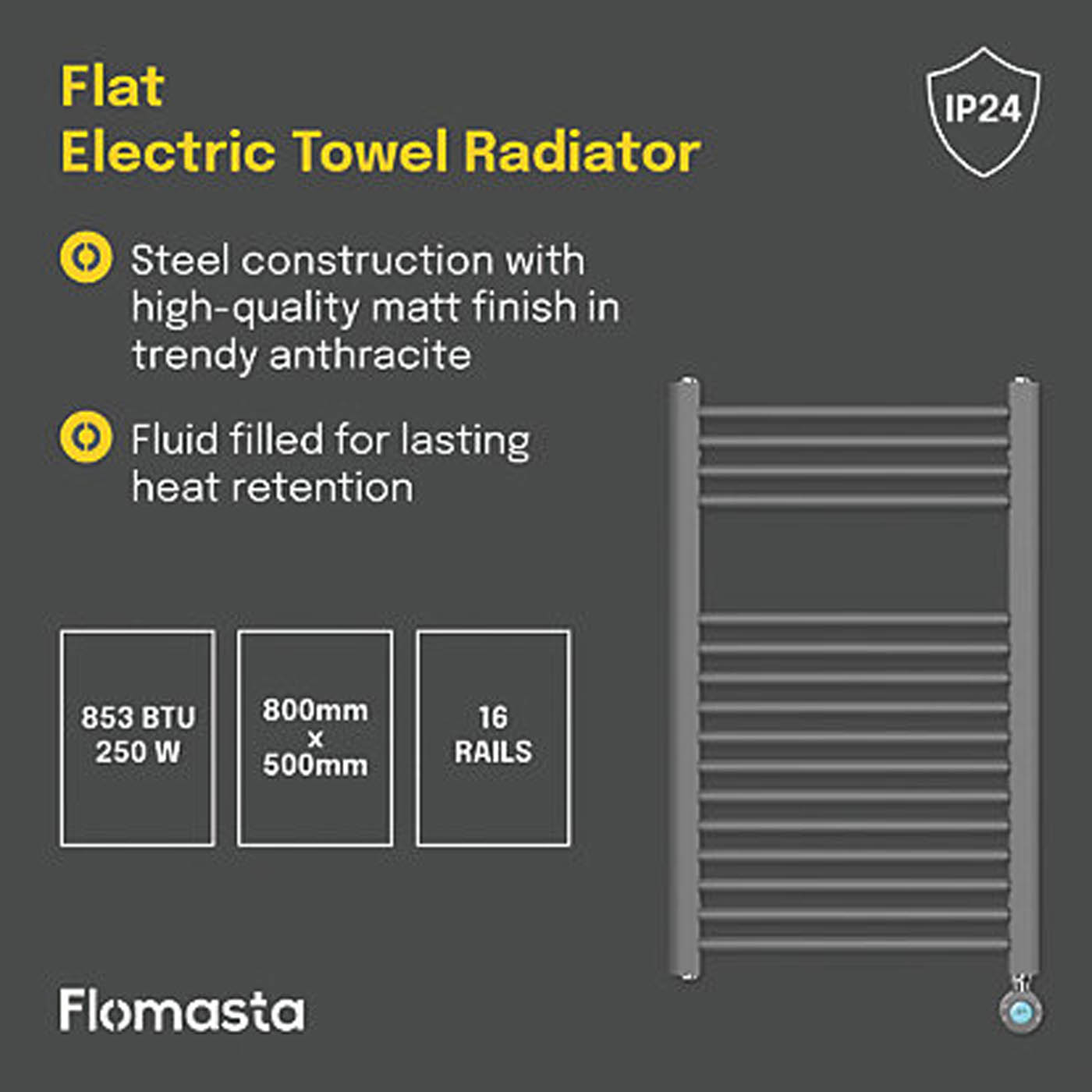 Flomasta Electric Towel Rail Radiator Anthracite Flat Bathroom Warmer 80x50cm - Image 4