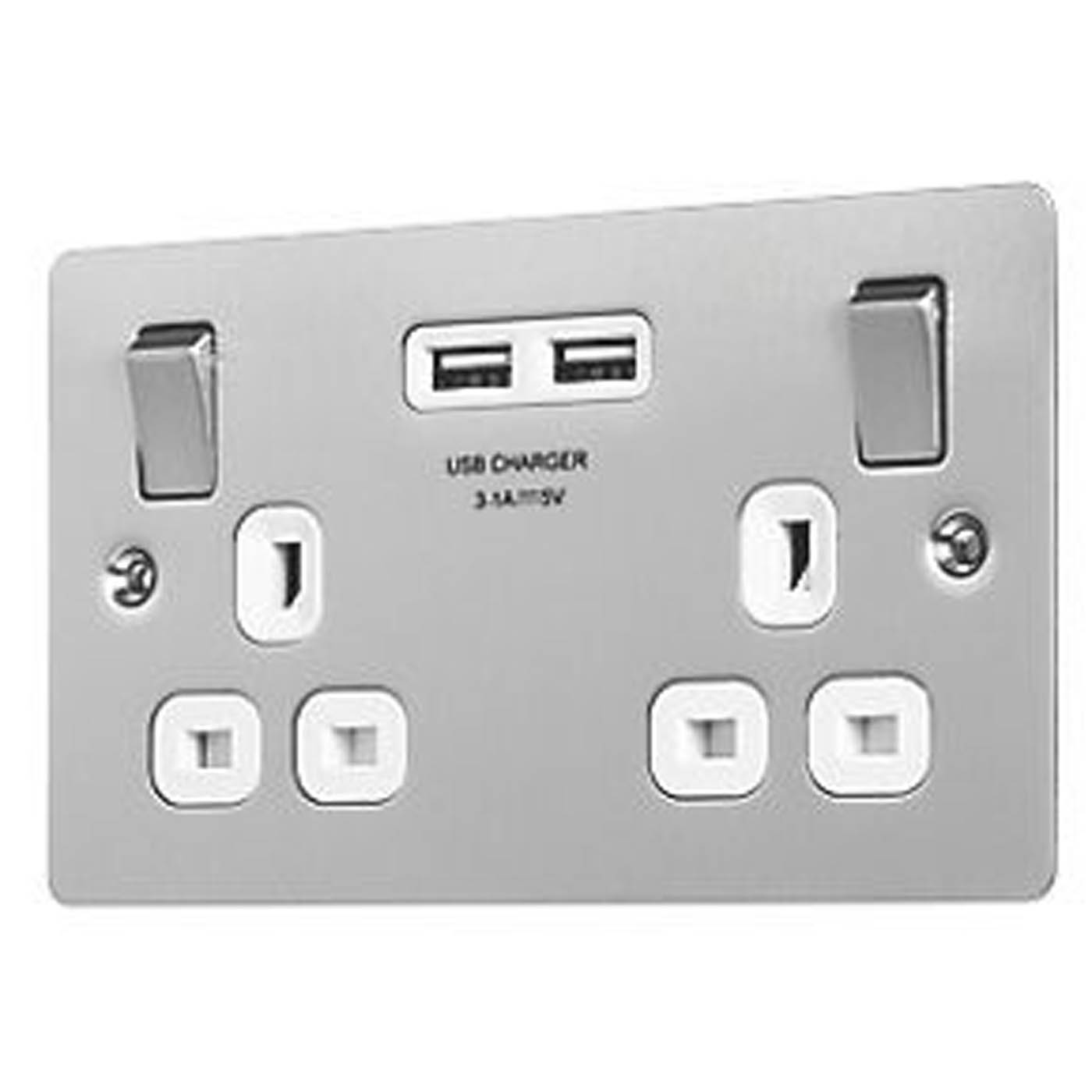 Lap Wall Socket 2-Gang 13A SP Switched USB Brushed Stainless Steel Raised - Image 1