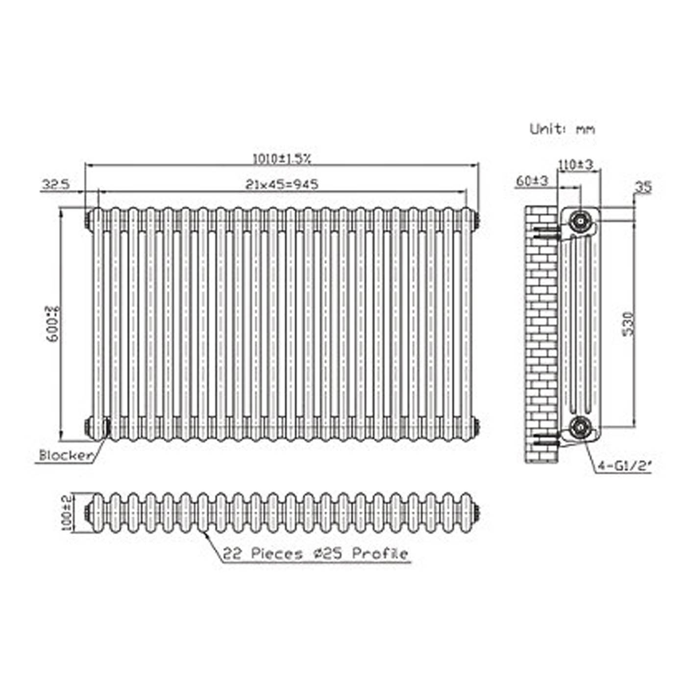 Flomasta 3 Column Radiator White Horizontal Steel Central Heating 60x101cm - Image 6