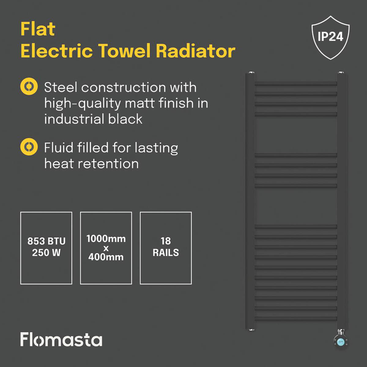 Flomasta Electric Towel Rail Radiator Black Flat Bathroom Warmer 100x40cm - Image 4