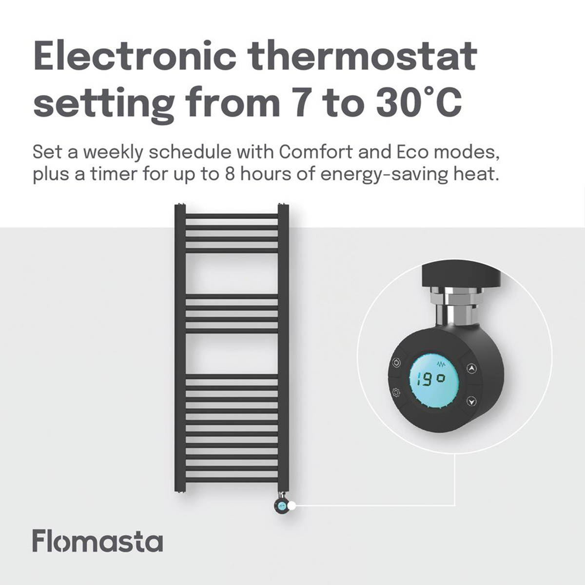 Flomasta Electric Towel Rail Radiator Black Flat Bathroom Warmer 100x40cm - Image 5