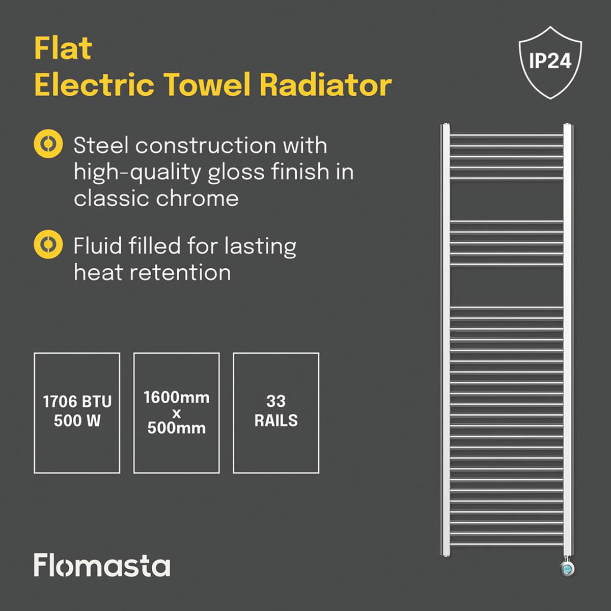 Flomasta Electric Towel Rail Radiator Chrome Flat Bathroom Warmer 160x50cm - Image 4