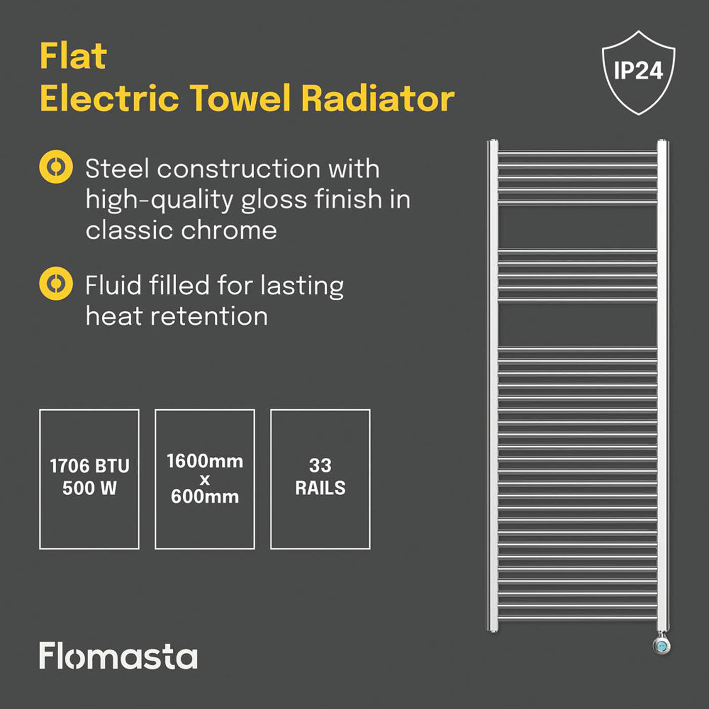 Flomasta Electric Towel Radiator Bathroom Heater Chrome 1600 x 600mm 1706BTU - Image 4