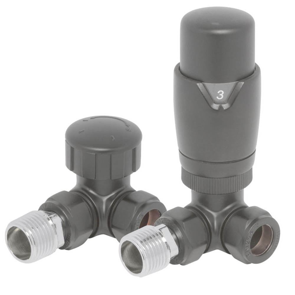 Towelrads Radiator Valve And Lockshield Thermostatic Angled 15mm x 1/2" Grey - Image 1
