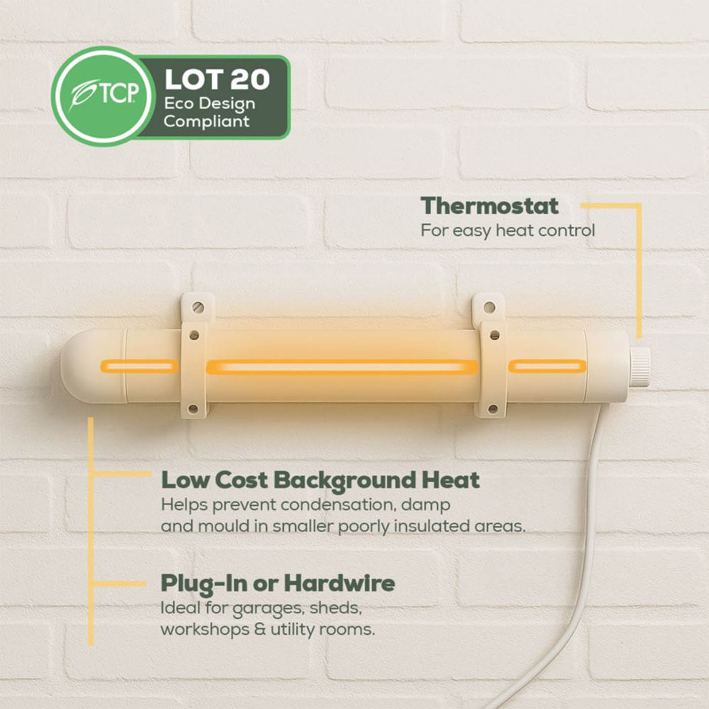 TCP Tubular Heater Electric TCPWHTUBULARHEAT60W Thermostat Tube Home 5.5x36.4cm - Image 4