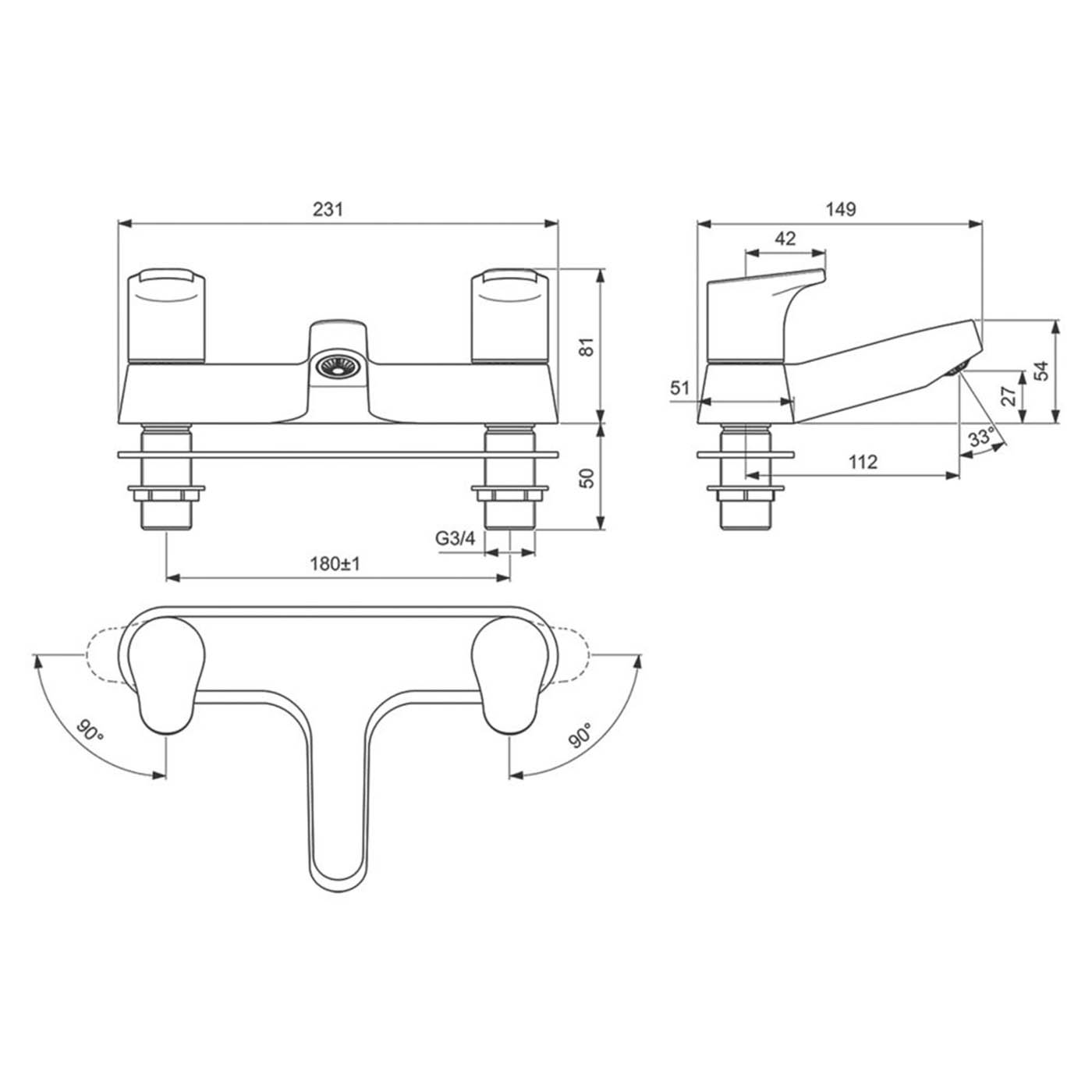 Bath Filler Tap Mixer Chrome Dual Lever Brass 81mm Bathroom Modern Faucet - Image 3