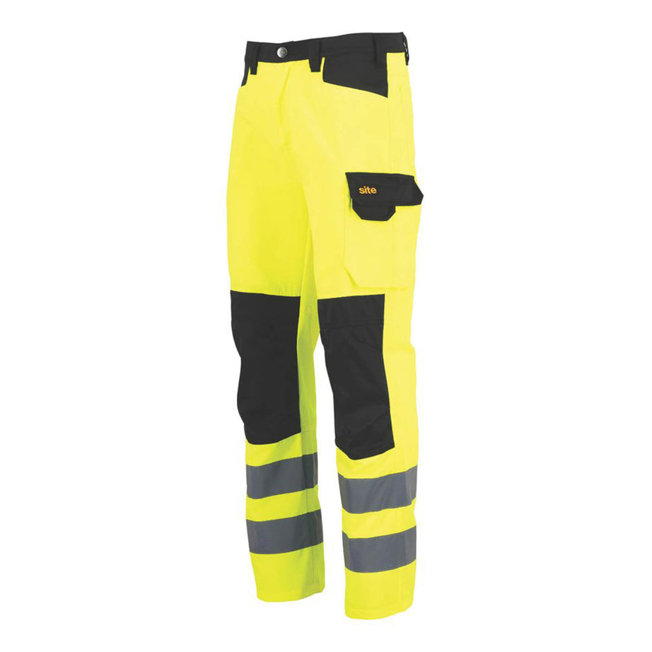 Site Mens Hi-Vis Work Trousers Yellow/Black Reflective Multi Pockets 38" W 32" L - Image 1