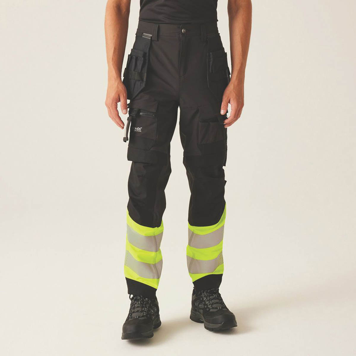 Regatta Hi Vis Work Trousers Mens Slim Fit Black Yellow Multi Pockets 38W 32L - Image 3