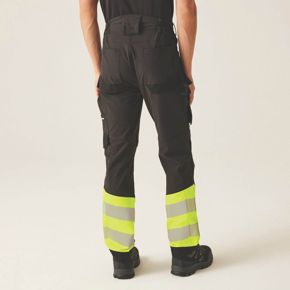 Regatta Hi Vis Work Trousers Mens Slim Fit Black Yellow Multi Pockets 38W 32L - Image 4