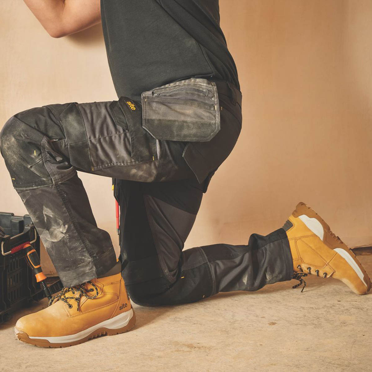 Site Work Trousers Mens Slim Fit Black Grey Stretch Multi Pockets Cargo 38W 32L - Image 3