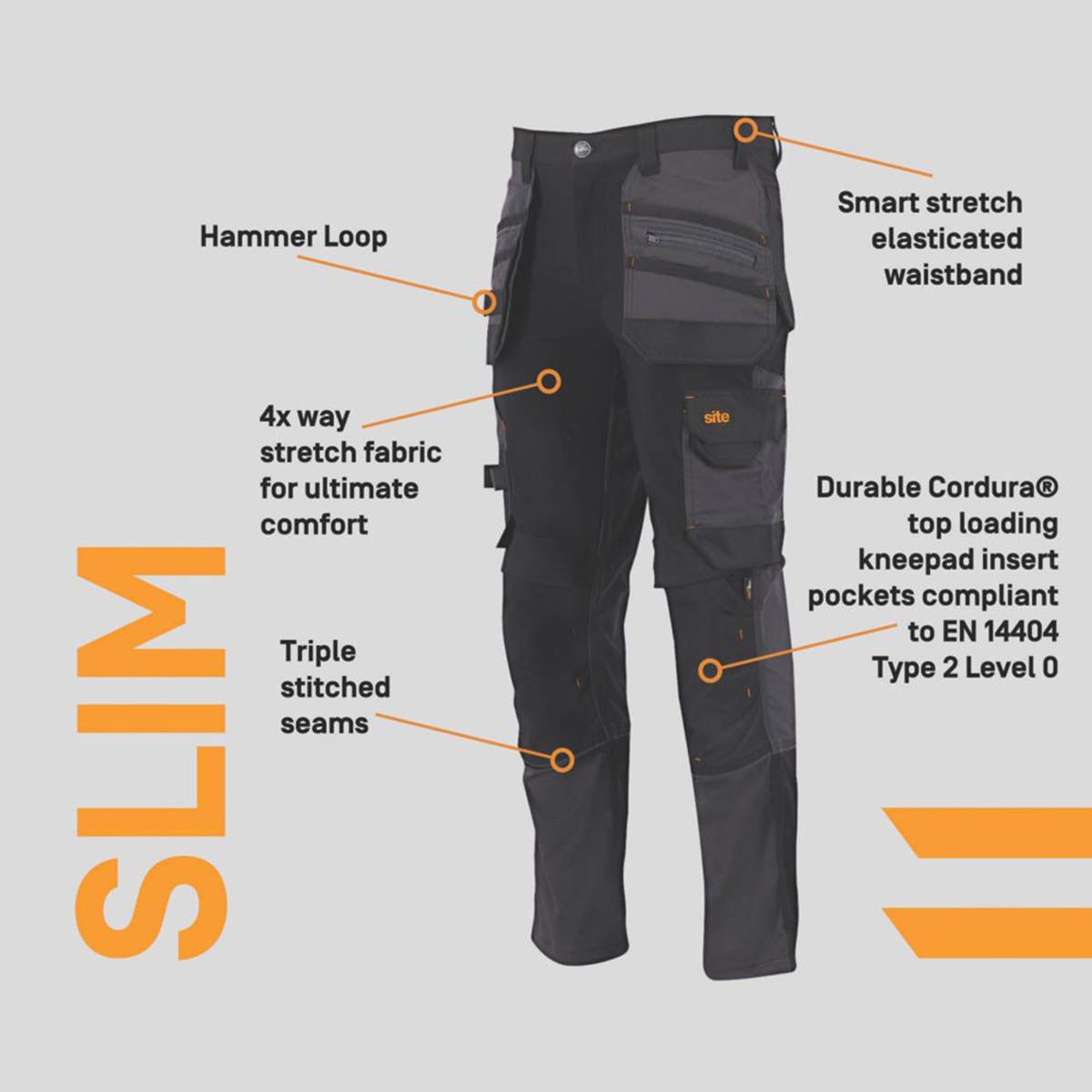 Site Work Trousers Mens Slim Fit Black Grey Stretch Multi Pockets Cargo 38W 32L - Image 4