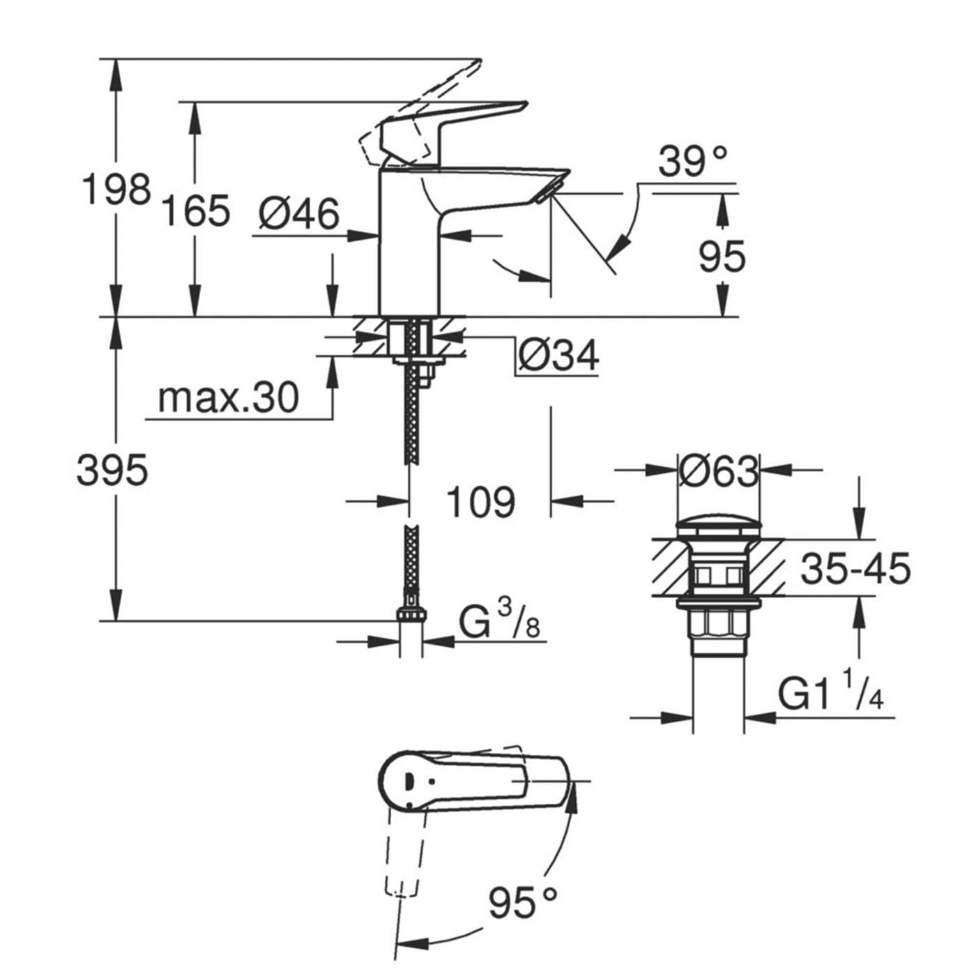 Grohe Bathroom Basin Mixer Tap Mono Single Lever Matt Black Modern 165mm - Image 5