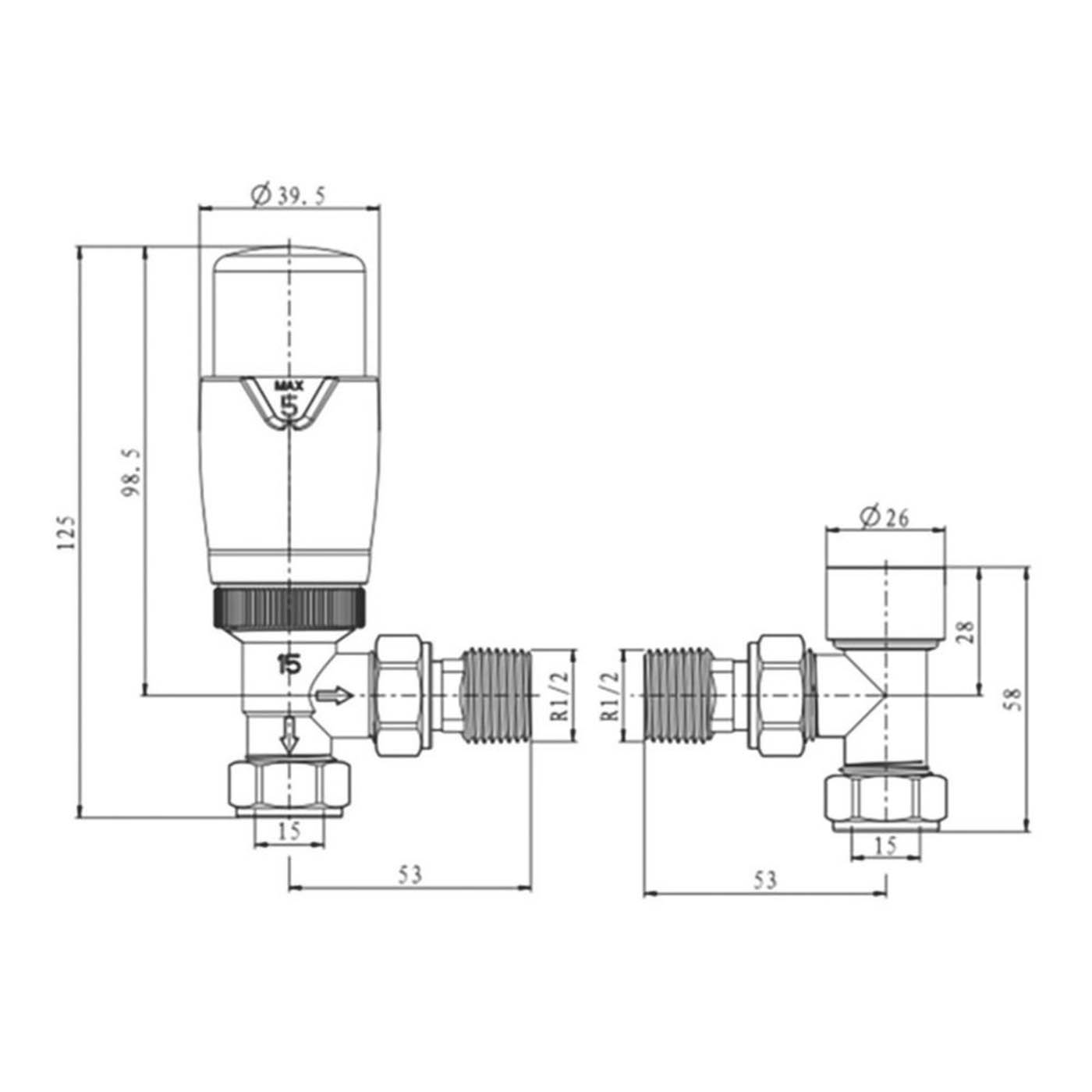 Reina Thermostatic Radiator Valve And Lockshield 15x15mm Modal TRV Black Angled - Image 3