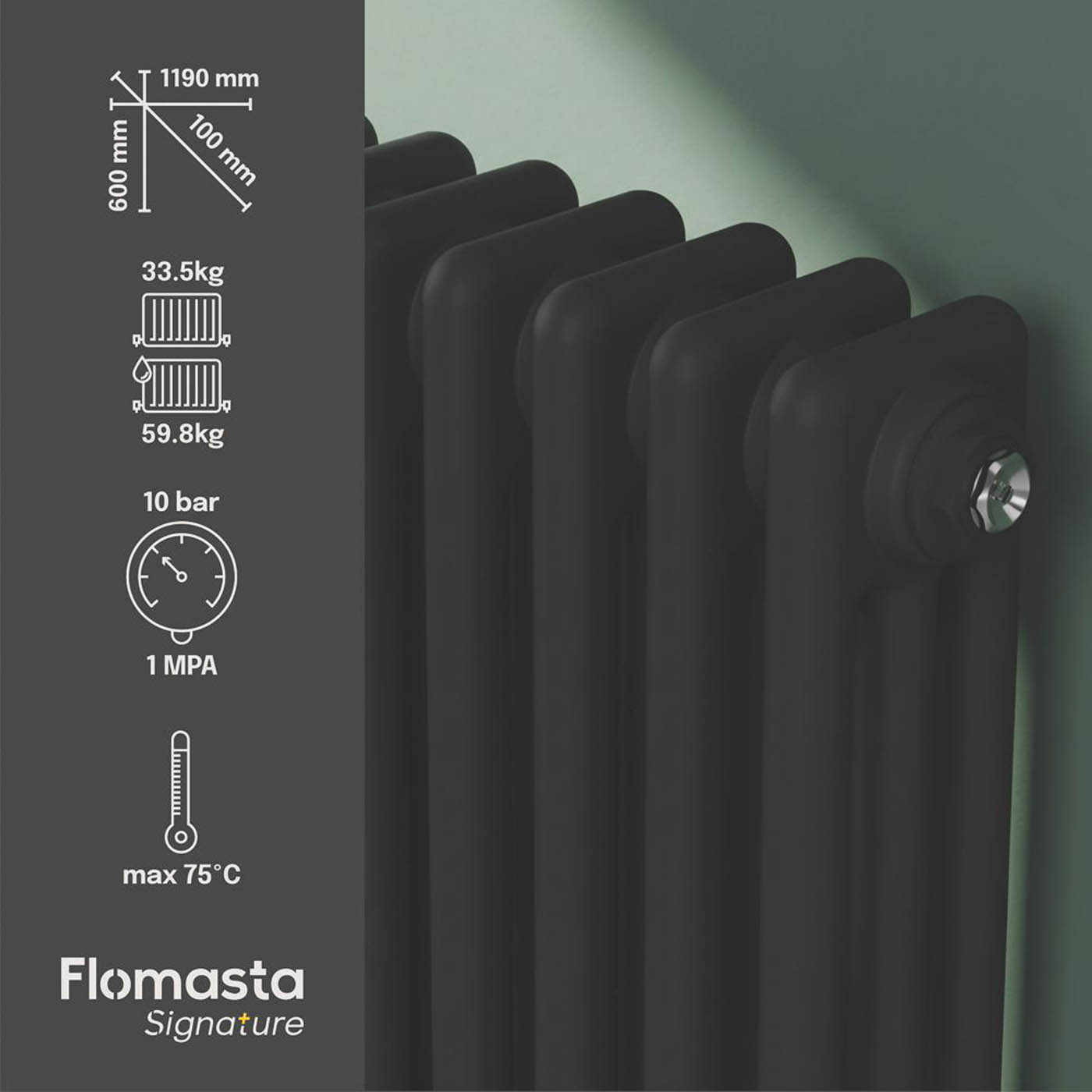 Flomasta 3 Column Radiator Black Horizontal Steel Traditional (H)60x(W)119cm - Image 4