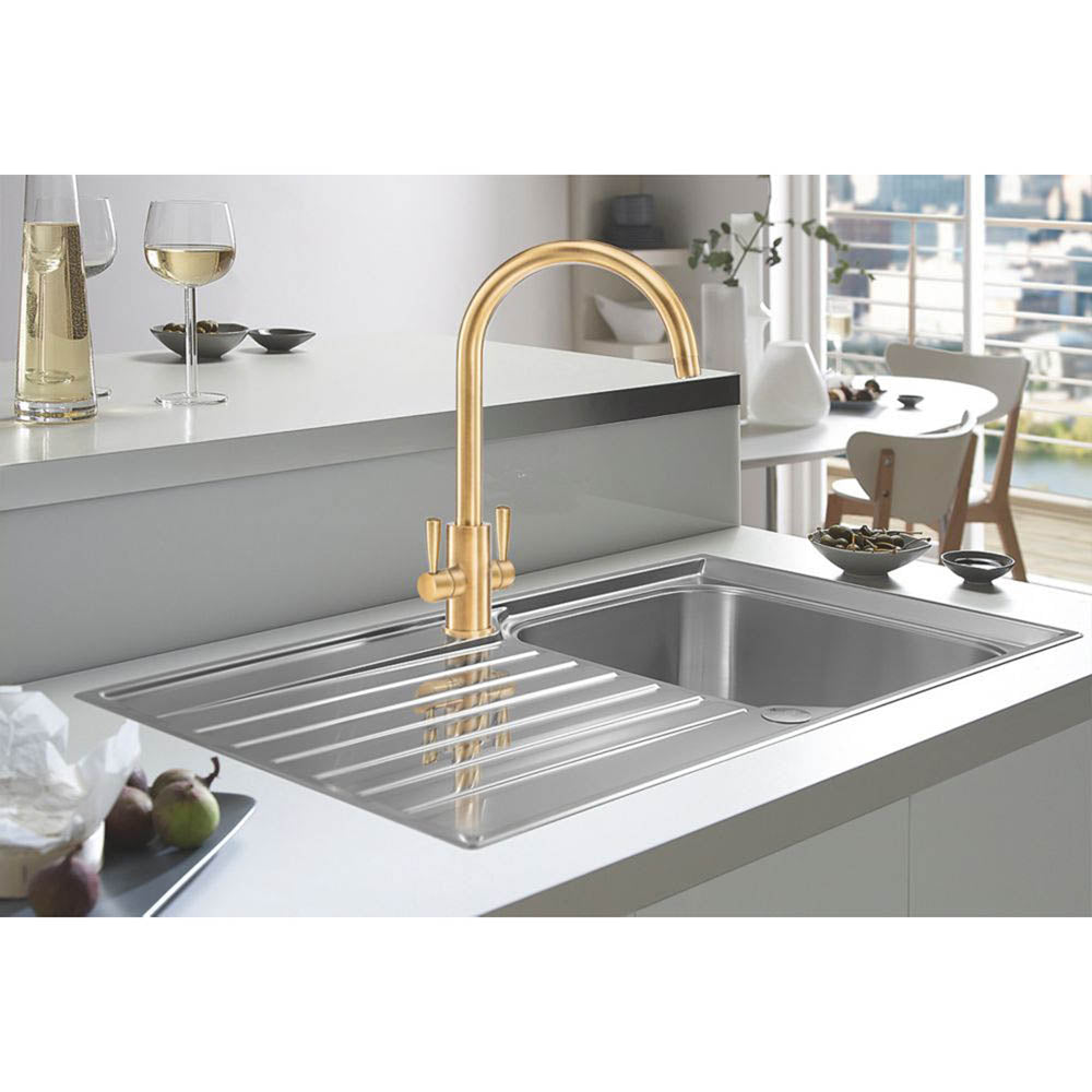 Franke Kitchen Sink Tap Mono Mixer Brass Double Lever Swan Neck Spout Faucet - Image 2