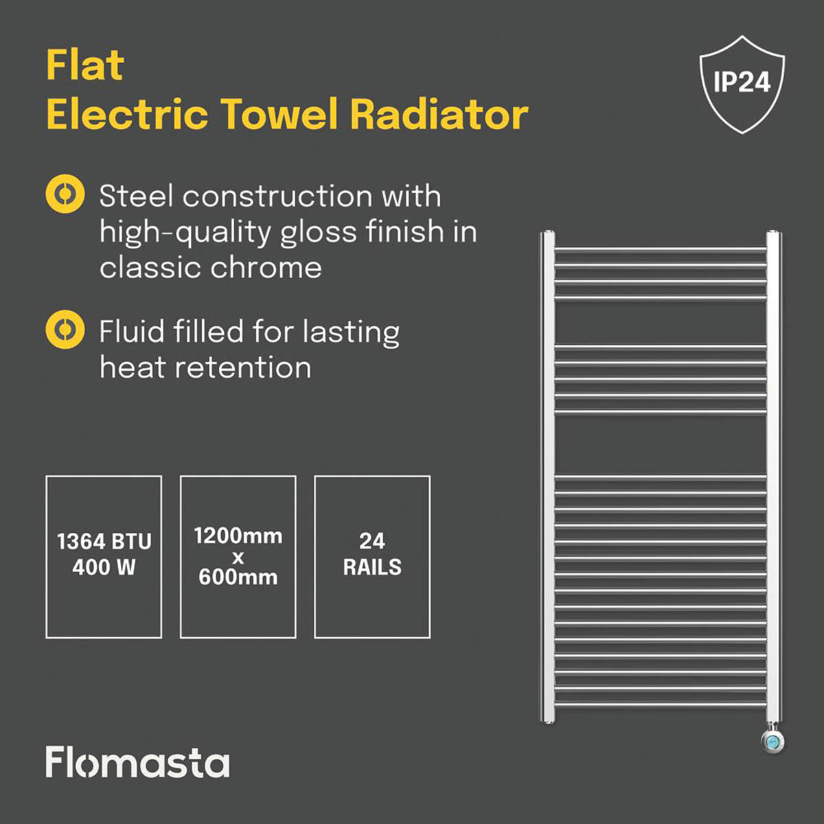 Flomasta Towel Radiator Electric Flat Chrome Programmable 1200mm x 600mm 1364BTU - Image 4