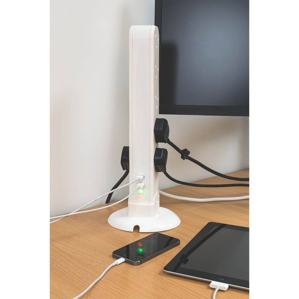 Tower Extension Lead 230V 13A 10 Gang 2 USB Ports Type A Surge LED Indicators 1m - Image 3