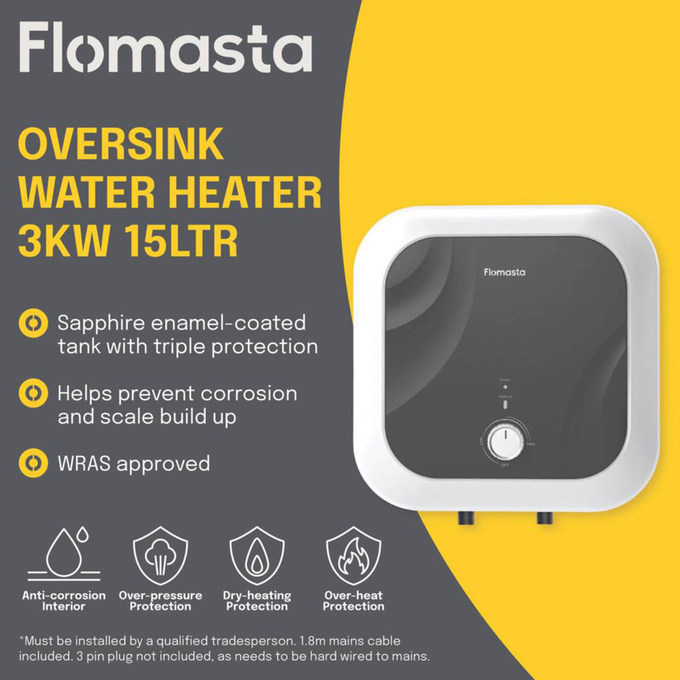 Flomasta Oversink Water Heater Electric 3kW 15Ltr 1/2" Compact Plastic - Image 3