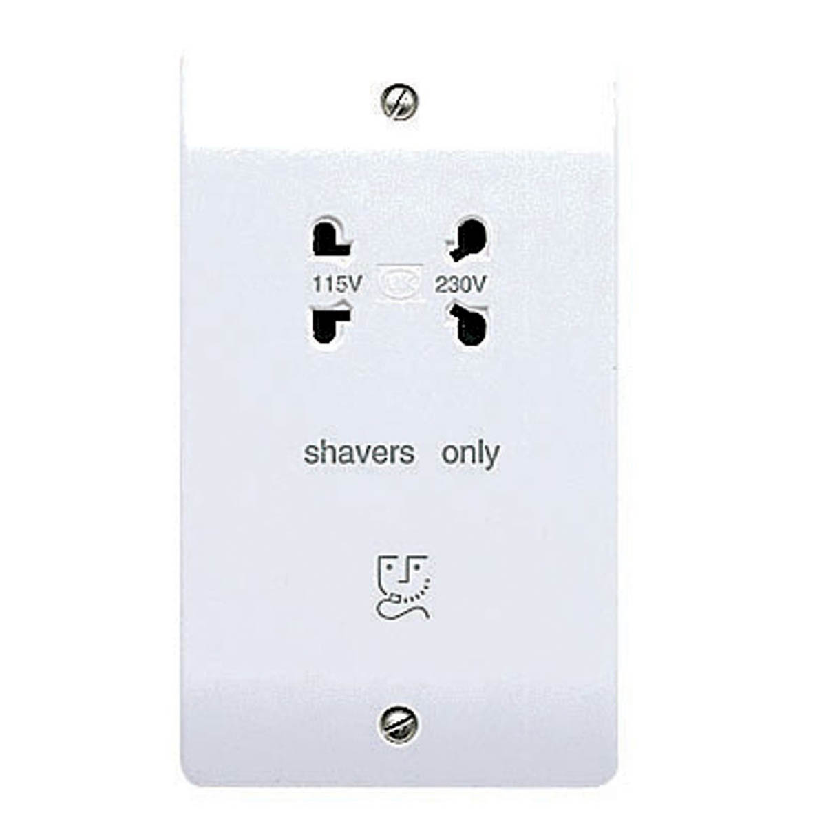 MK Shaver Socket 2 Gang Gloss White Raised Slim Flat Screwed Dual Voltage - Image 1