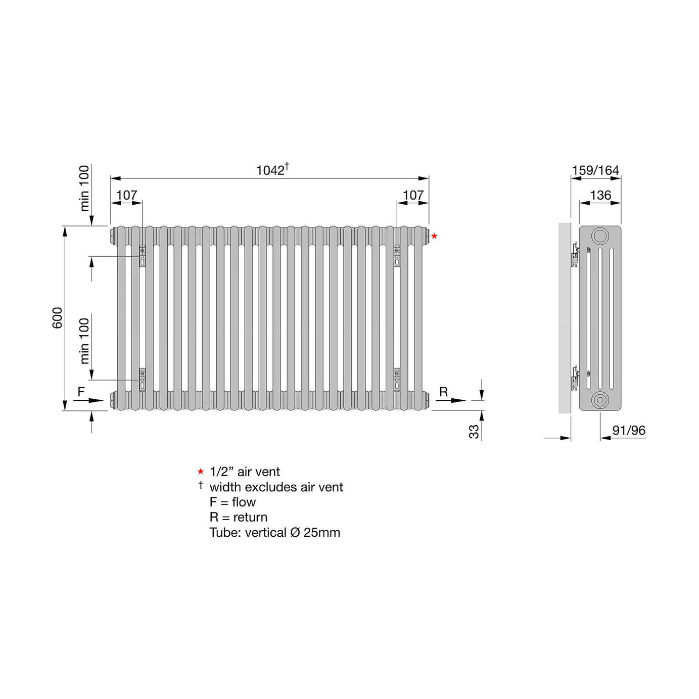 Acova 4 Column Radiator White Horizontal Steel 6005BTU Traditional W104.2xH60cm - Image 4